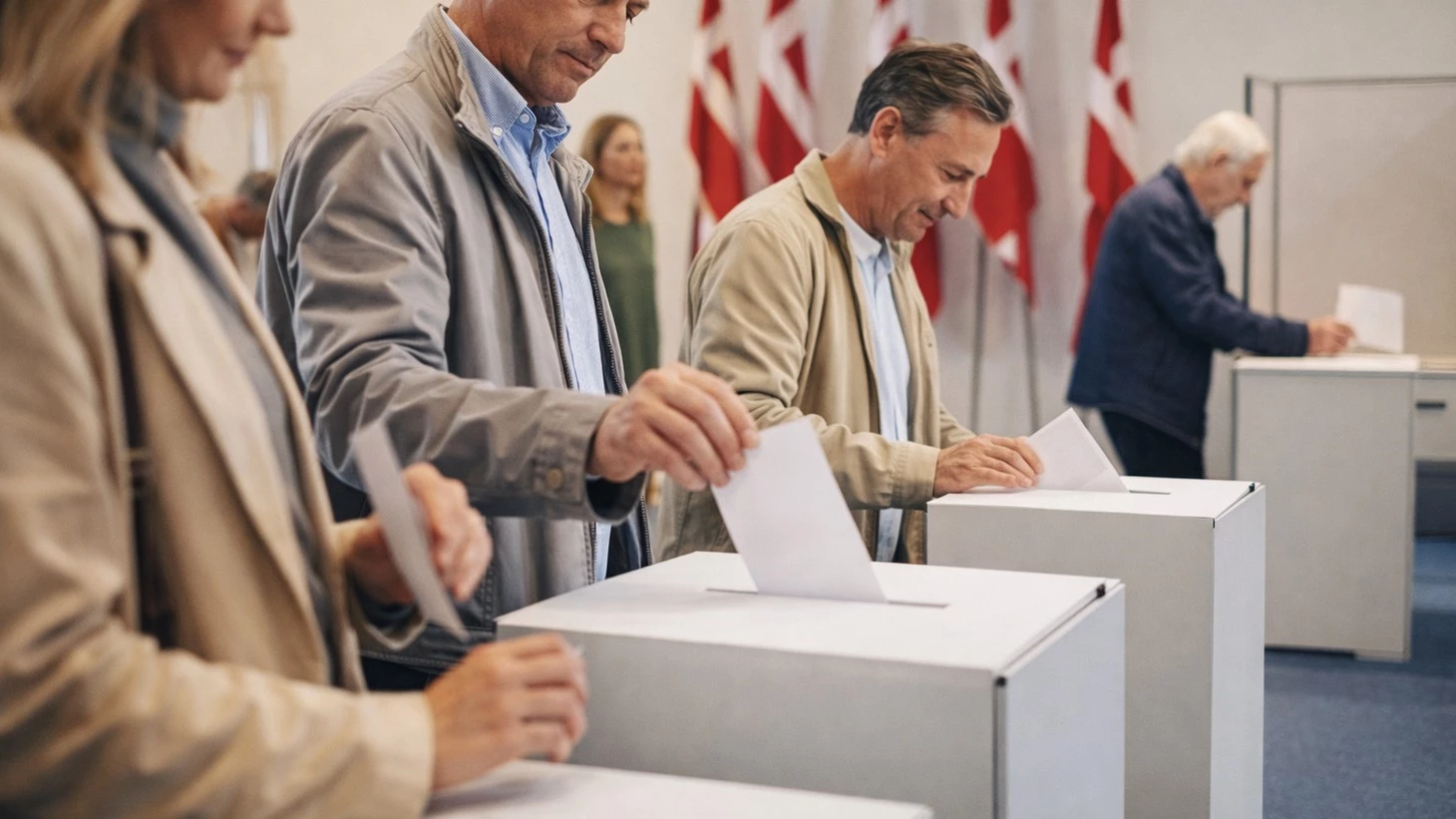 Mennesker ved valgurner, der ligger stemmesedler i